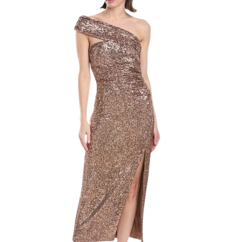 SIMKHAI Zay Hammered Sequin Draped Midi Dress 0